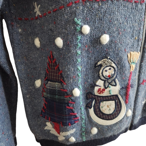 VTG Festive BP Design Embroidered Patchwork Blue Heather Zip Christmas Sweater M - Picture 12 of 15